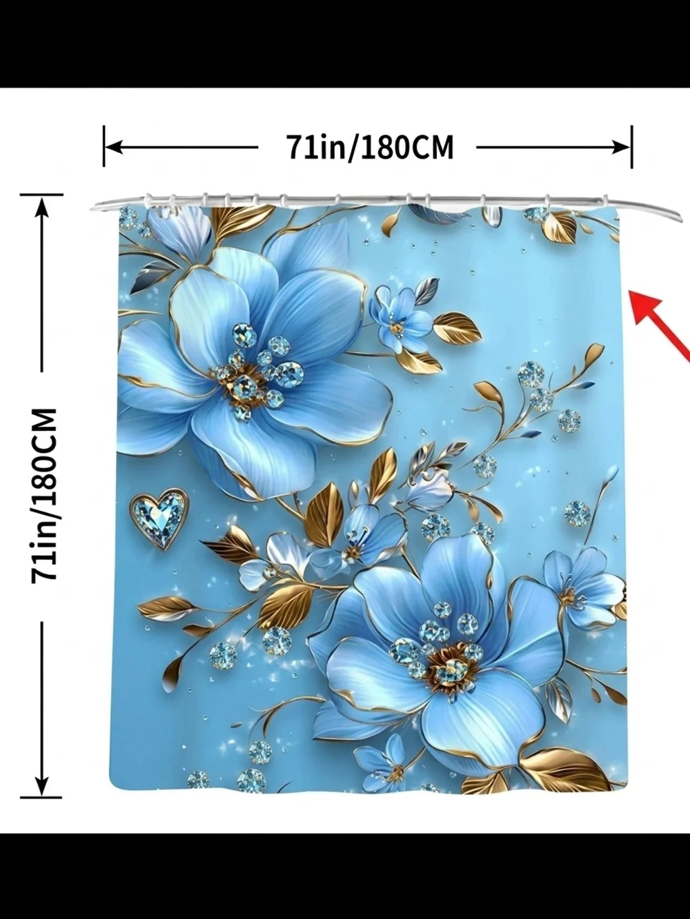 Blue Floral Elegant & Gorgeous 2D Luxury Shower Curtain with Gold Accents